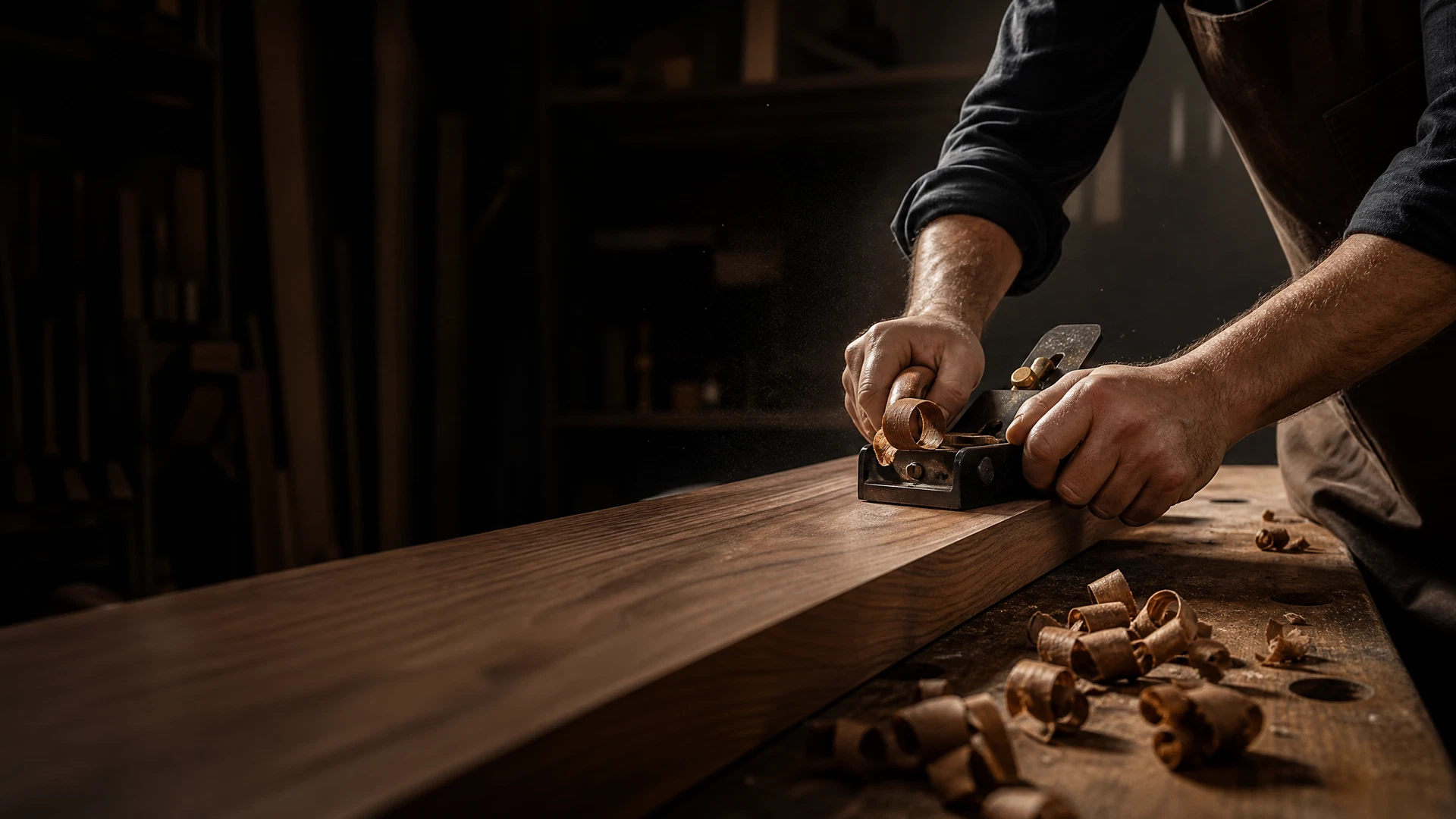 Mani di un artigiano che piallano una tavola di legno massello